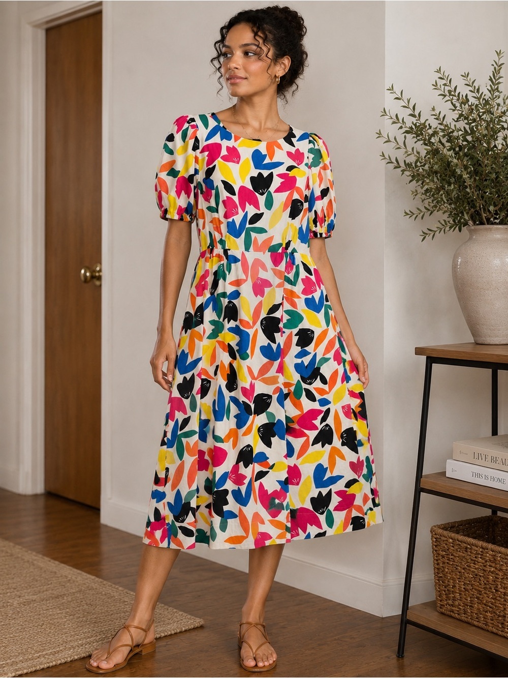 Calvin Klein Women’s 100% Cotton Colorful Floral Puff Sleeve Midi Dress.c Size 1